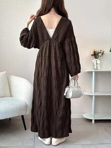 FRIFUL Đầm dài nữ màu nâu, chất liệu vải có họa tiết, thắt eo bằng dây rút, thích hợp cho mùa thu, mặc ngoài trời. - màu nâu - Xem 5