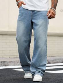 Manfinity Homme Plus Size Men's Casual Loose Fit Light Blue Denim Jeans Baggy Jeans Man Oversize Jeans Men - Blue - View 4
