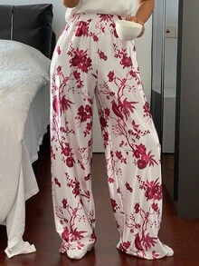 DAZY 优雅中国风花卉和鸟类印花缎面宽松女士睡裤，秋季 - 紅色 - 查看 5