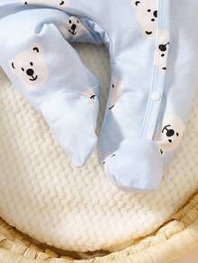 SHEIN 2pcs/Set Newborn Baby Unisex Cartoon Bear Print Long Sleeve Jumpsuit With Hat, Suitable For Daily Wear, Birthday Party, Photography In Spring, Summer, Autumn, Winter Fall - Baby Blue - View 3