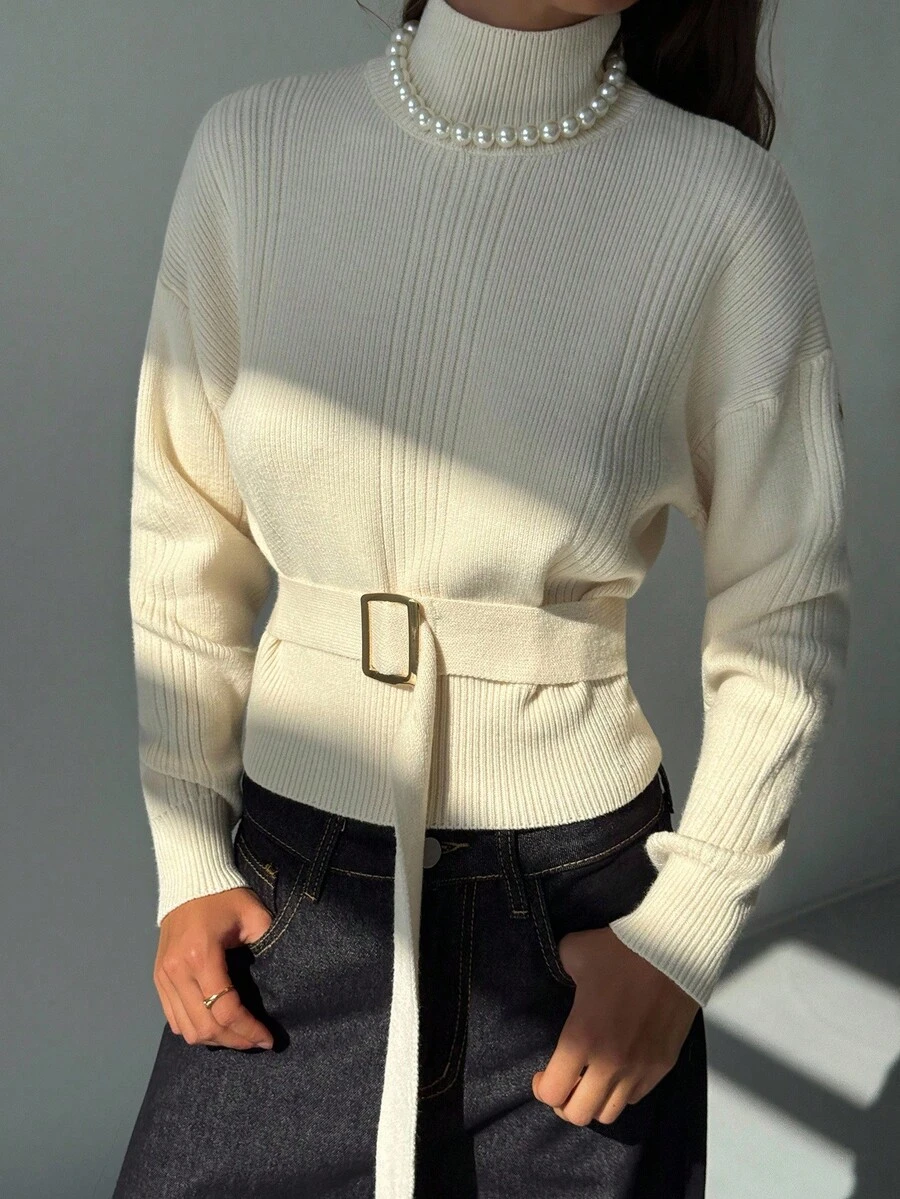 Aloruh Women's Autumn/Winter New Ribbed Knit Turtleneck Sweater, Slim Fit Long Sleeve Pullover With Belt Decor, Minimalist Everyday Versatile Knitwear - Beige - View 1