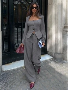 Aloruh 秋冬女士纯色简约日常长袖上衣和裤子套装 - 灰色 - 查看 7