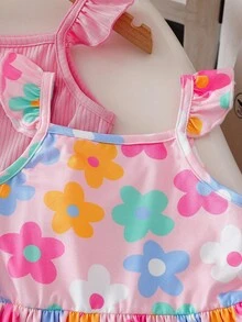 SHEIN 2 件套年轻女孩花卉印花荷叶边肩带 A 字形松紧腰休闲连衣裙套装，适合日常、海滩和度假穿着，夏季 - 彩色 - 查看 7