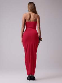 MUSERA 性感镂空修身无肩带长裙，春夏赛马会、度假、复活节、婚礼宾客礼服 - 紅色 - 查看 3