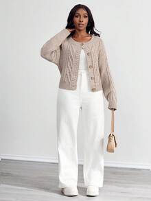 SHEIN PETITE CURVE Cardigan ample à col rond et manches longues, couleur unie, grande taille, automne/hiver - Tabac - Voir 5