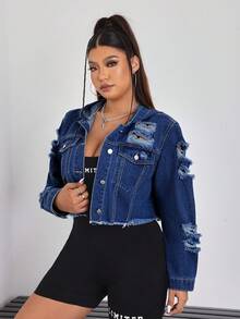 SHEIN EZwear 冬季加大码女式休闲做旧牛仔连帽短外套 - 深色水洗藍 - 查看 2