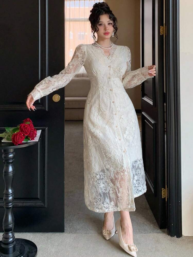 Vestido de fiesta elegante de longitud media con cuello en V, mangas abullonadas y encaje para mujer, vestido de graduación de otoño de largo maxi - Albaricoque - Ver 4