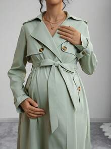 Momance Solid Color Front Pocket Pleated Casual Maternity Regular Jacket - Green - View 7