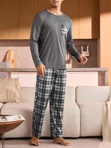 Manfinity Underwear&Sleepwear Basics Plus Size Men's Plaid Pocket Long Sleeve Pajama Set - Grey - View 4