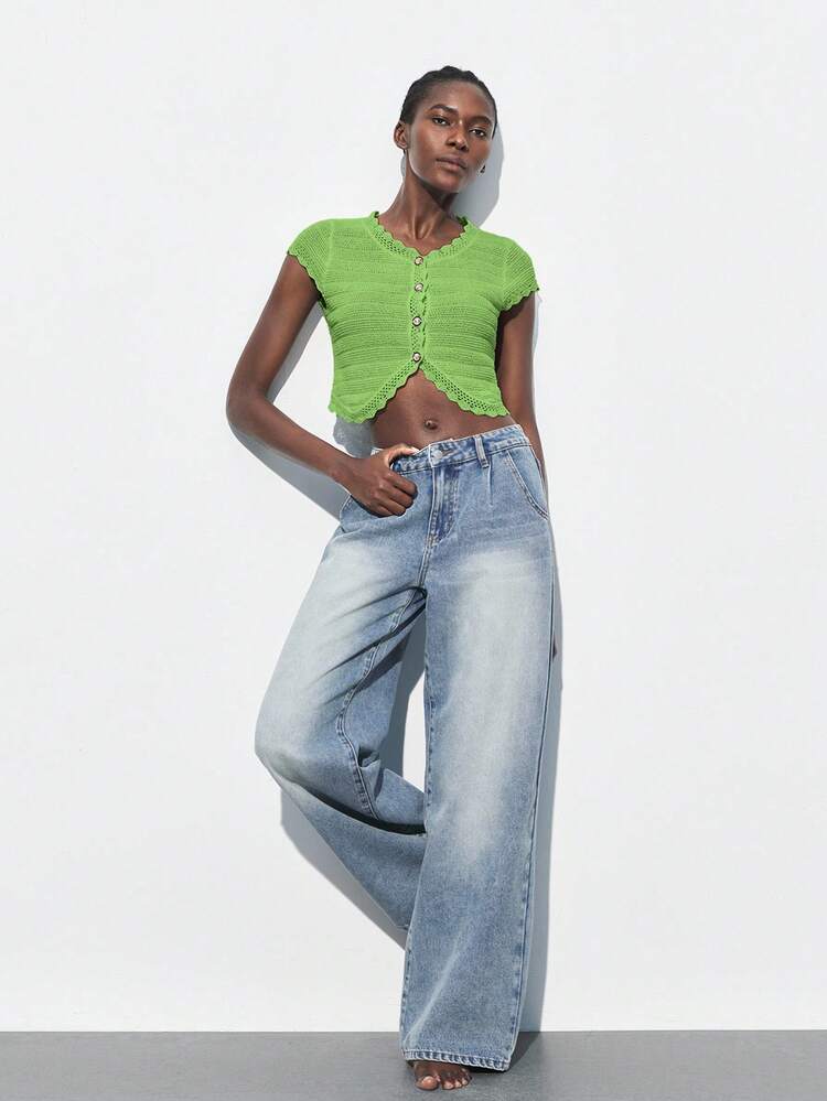 SHEIN Maija 2025 Autumn/Winter Green Lace Trim Front Button Up Cardigan, Knitted Sweater Top, Urban Chic For Commute, Party, Wedding Guest, Vintage Inspired Outerwear