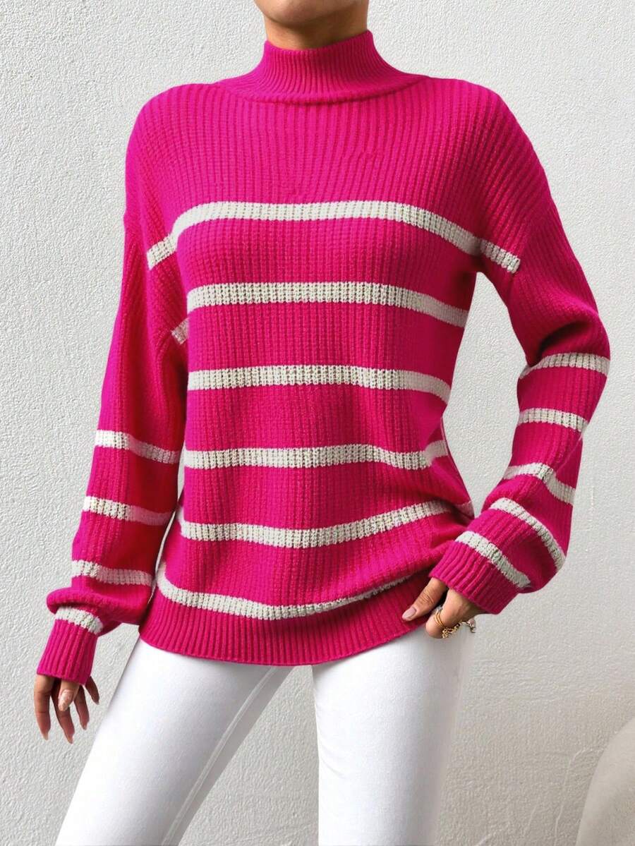 EURMUSE Striped Pattern High Neck Drop Shoulder Sweater - Red - View 1