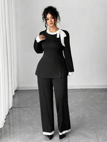 Elenzga Bộ 2 áo thun dài tay và quần dài co giãn cỡ lớn, trang phục mặc nhà và đi làm thường ngày - Đen và trắng - Xem 3