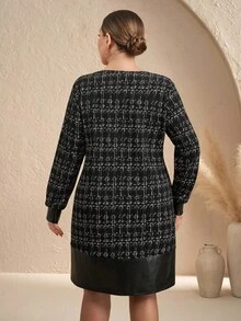 Chikora 大码女式优雅黑色格子印花图案 PU 拼布针织长袖直筒连衣裙，秋冬 - 黑與白 - 查看 2