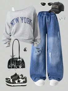 2pcs/Set Teenager Girls Sweatsuit, Sleeveless Top With Letter Graphic, Distressed Denim Pants, Suitable For School, Commute, Outing, Can Be Paired With Jacket Fall Winter