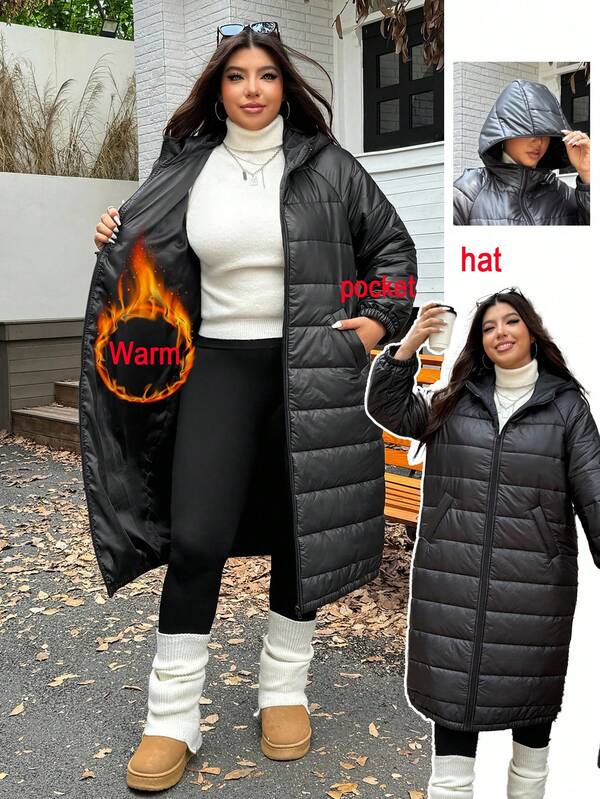 SHEIN EZwear Jaqueta Longa com Capuz Casual Plus Size, Versátil para o Inverno