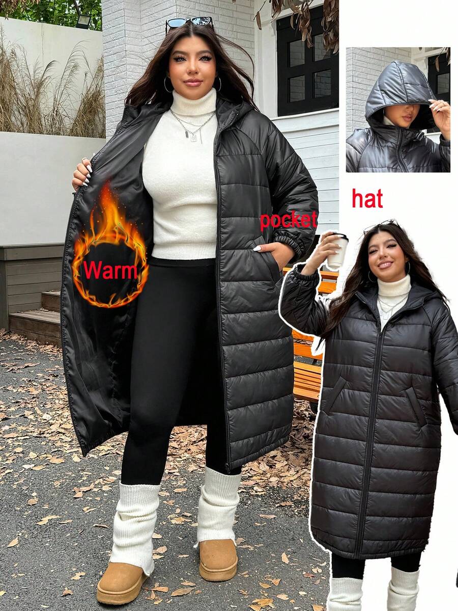 SHEIN EZwear Áo khoác dài có mũ trùm đầu cỡ lớn, đa năng cho mùa đông - màu đen - Xem 1