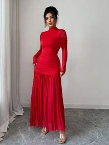 SHEIN Elenzya Váy maxi chữ A xếp ly lưới khoét lỗ hở gợi cảm thời trang thu đông mới, màu đỏ trơn cổ đứng, thích hợp cho tiệc tốt nghiệp, sự kiện ngày lễ, kỳ nghỉ, hẹn hò, Giáng sinh, Halloween - Đỏ - Xem 4