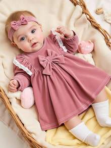 SHEIN Newborn Pink Velvet Dress With Bow Headband And Lace Trim, Sweet Princess Style Fall Winter - Pink - View 1