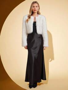 Amorya 女士优雅人造毛皮杏色短款夹克，适合日常穿着和多种场合，秋冬季 - 杏色 - 查看 4