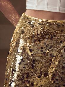 MOTF PREMIUM ZIPPER CONTRAST SEQUIN SKIRT - Gold - View 6
