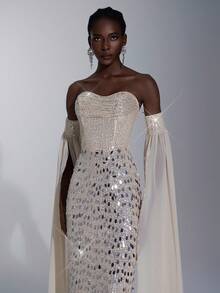 Elitara Váy dạ hội trang trọng xẻ lưng, tay loe dài, thêu kim sa màu mơ và bạc sang trọng, cổ khoét sâu, thanh lịch dành cho nữ - Màu be - Xem 4