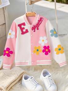 SHEIN Girls' Casual Fashionable Versatile Colorful 3D Floral Contrast Color Loose Baseball Jacket Coat, Spring/Autumn Fall Winter - Multicolor - View 3