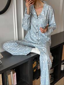 Dream Adore Women Striped Floral Textured Fabric Print Long Sleeve Top & Pants Blue And White Vintage Pajama Set, Fall Clothes - Multicolor - View 5