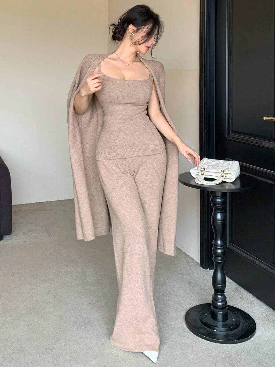 DAZY 3pcs Women Solid Color Minimalist Shawl Cardigan, Camisole, And Pants Knit Sweater Set - Khaki - View 1