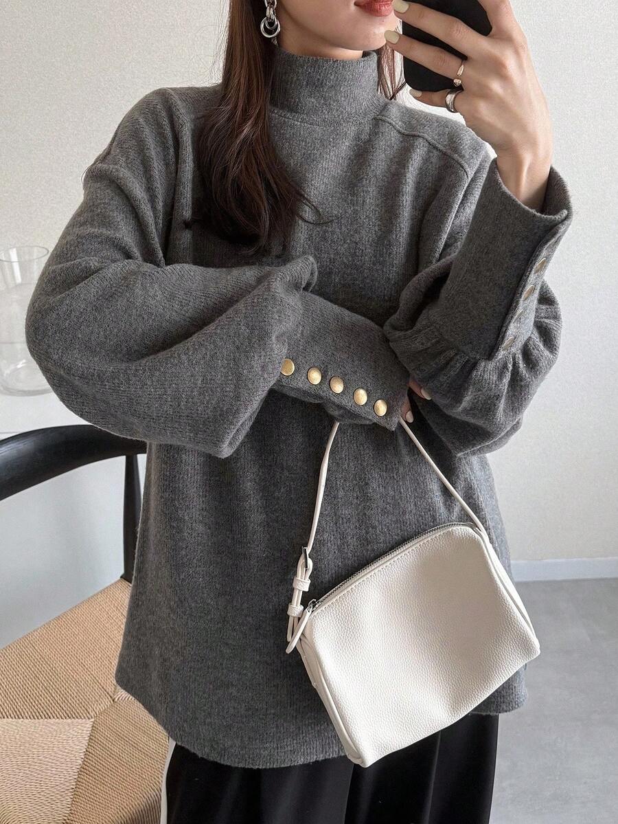 FRIFUL Kaos Wanita Kerah Tinggi Lengan Longgar Kancing Logam Dekorasi Manset Tinggi Berkualitas, Atasan Lengan Panjang Musim Gugur - Grey - View 1