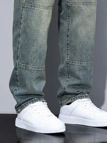 Manfinity Homme Men's Fashionable Simple Casual Denim Jeans, Suitable For Outdoor Recreation, Plain Long Distressed Straight Leg Light Blue Cargo Jeans, For Husband, Boyfriend Gifts Going Out Street College - Blue - View 4