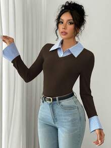Selianne Áo thun dệt kim kẻ sọc nhiều màu cổ bẻ tay dài cổ loe, bó sát kiểu AB thanh lịch dành cho nữ, áo thun họa tiết thu đông dành cho nữ mùa xuân - Màu nâu Sô-cô-la - Xem 7