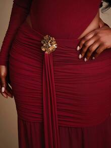 Radiana Plus Size Women's Fall/Winter,Spring&Summer Elegant Gorgeous Glamorous Sexy Basic 2pcs/Set Bodysuit And Ruching Mesh Maxi Skirt,With Free Removable Gold Metal Brooch,Suitable For Banquet,Feast,Dinner Party,Prom,Ball,Urban,Valentine's Day,Sexy Office Siren,Cruise Attire,Vintage,Festival,Concert,Carnival,Outing,Richly Layered,Holiday,Date Night,Gathering,Birthday,Bachelorette Party Outfit ,Cocktail,Formal Event,Modest,Chic,NightClub,Cute,New Years Eve Christmas Red - Burgundy - View 7