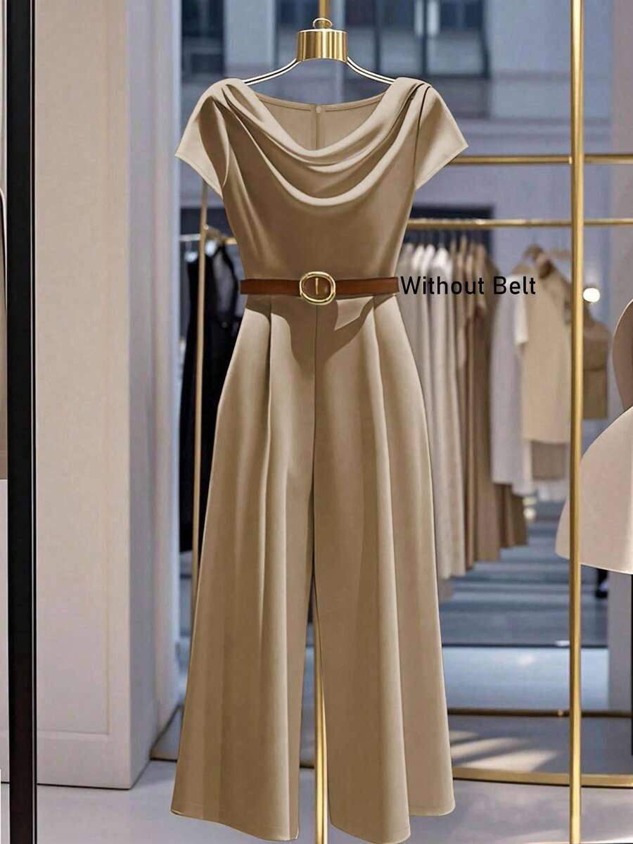 SHEIN Franclia Women's Fashionable & Elegant Plunging Neck Short Sleeve Loose Jumpsuit - Khaki - View 1