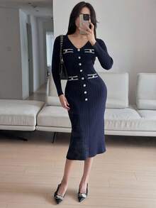 DAZY Women's Elegant Fitted Knit Midi Dress, Suitable For Commuting In Autumn Sweater Dress - Blue - View 2