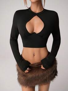 SHEIN ICON PU Patchwork Fluffy Low Waist Casual Versatile Women Skirt,Brown Skirt - Brown - View 5