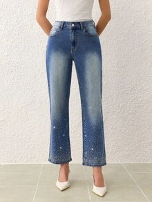 SHEIN Essnce Women's Casual Washed Rhinestone Flare Jeans - Blue - View 4