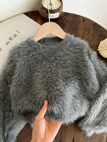 LMoss Kids LMoss Young 女童白色优雅蓬松领毛衣，适合秋冬休闲居家户外穿着