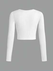 SHEIN EZwear 2 chiếc áo thun nữ cổ tròn tay dài họa tiết tối giản giản dị - Đen và trắng - Xem 4