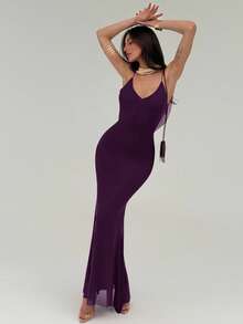 Aloruh Valentine's Day Burgundy Romantic Date Party Spaghetti Strap Bodycon Backless Draped Neck Maxi Mesh Dress For Women,Fall Wedding Guest Dress,Wedding Guest Dress Women