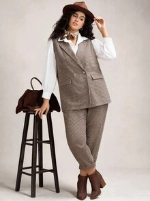 Zelara 2 pièces Ensemble veste sans manches et pantalon jacquard pied-de-poule grande taille pour femmes