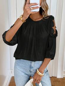 SHEIN LUNE Chemise décontractée ample à col rond et épaules dénudées plissée de couleur unie pour femmes - Noir - Voir 3