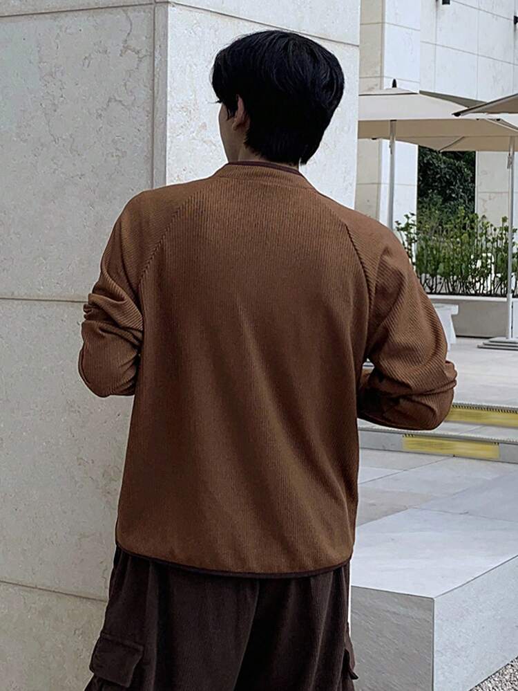 Men's Color Block Collar Letter Embroidery Brown T-Shirt, Autumn Quarter Zip Men