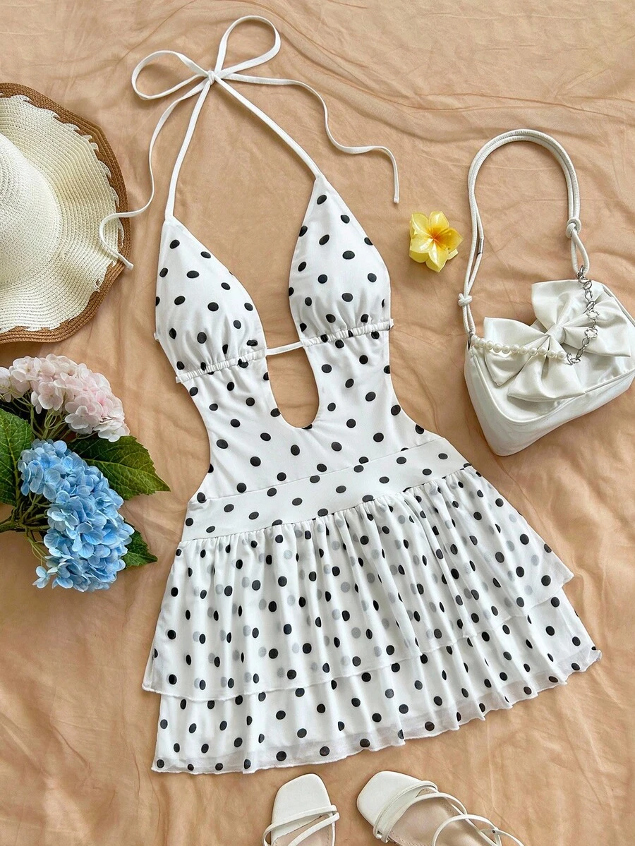 Soleia 女式复古扎染印花深 V 领露背系带荷叶边下摆紧身迷你连衣裙，适合派对、性感约会、下午茶、街头、城市度假、音乐节、夏季海滩 - 黑與白 - 查看 1