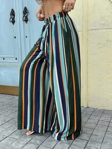 SHEIN ICON Women's Vacation Casual Colorblock Striped Wide Leg Pants