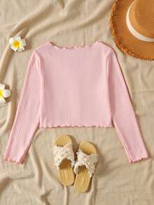 SHEIN Tween Girls' Versatile Casual Ribbed V-Neck Ruffle Trim Button Up Cardigan Sweater, Back To School Fall Winter - Baby Pink - View 2