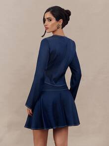 Modelyn 2pcs/Set Urban Elegant Metal Buckle Women Long Sleeve Top And Mini Skirt,Autumn Clothes For Women,Thanksgiving - Blue - View 6