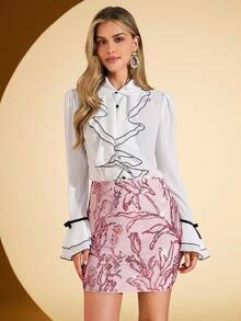 Amorya Jupe élégante rose brillante et lourde, avec broderie et perles, nouvelle et élégante. Convient pour le port quotidien dans de multiples occasions - Rose bonbon - Voir 3