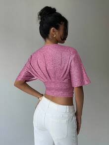Aloruh Apricot Deep V Ruched Short Sleeve Tight Fitted Women T-Shirt - Burgundy - View 2