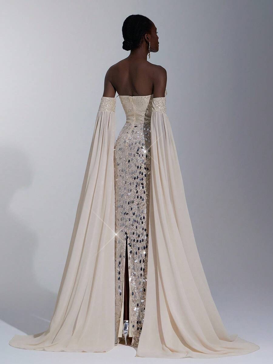 Elitara Váy dạ hội trang trọng xẻ lưng, tay loe dài, thêu kim sa màu mơ và bạc sang trọng, cổ khoét sâu, thanh lịch dành cho nữ - Màu be - Xem 1