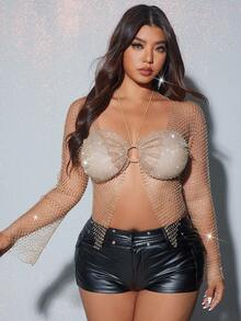 Viva Relle Plus Size Sexy Shiny Rhinestone Mesh Long Sleeve Top, Suitable For Party And GatheringValentine's Day - Gold - View 4